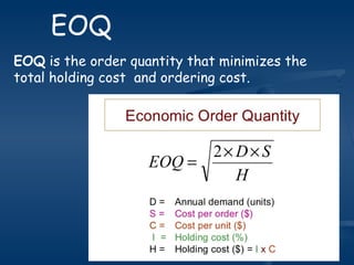 EOQ
EOQ is the order quantity that minimizes the
total holding cost  and ordering cost.
 