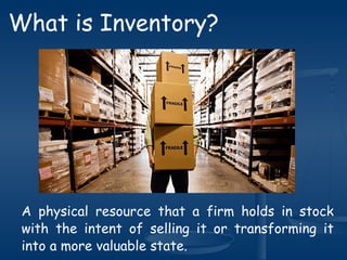 What is Inventory?
A physical resource that a firm holds in stock
with the intent of selling it or transforming it
into a more valuable state.
 
