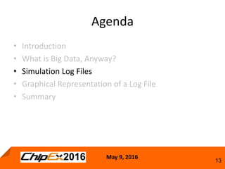 May 9, 2016
13
Agenda
• Introduction
• What is Big Data, Anyway?
• Simulation Log Files
• Graphical Representation of a Log File
• Summary
 