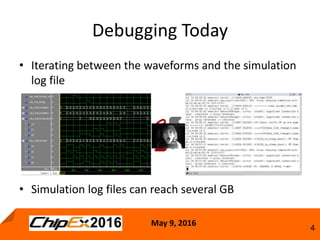 May 9, 2016
4
• Iterating between the waveforms and the simulation
log file
• Simulation log files can reach several GB
Debugging Today
 