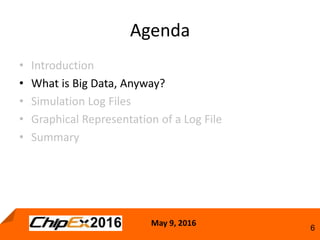 May 9, 2016
6
Agenda
• Introduction
• What is Big Data, Anyway?
• Simulation Log Files
• Graphical Representation of a Log File
• Summary
 