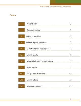 “ASÍ ME TOCO VIVIR”     Biografía de supervivencia ante la adversidad

ÍNDICE 
 
 
 

 

Presentación 

7

 

Agradecimientos 

9

I. 

Mis seres queridos 

11

II. 

Mis más lejanos recuerdos 

21

 
 
 
 
 
 
 
 

III. 

El síndrome que he superado 

33

IV. 

Mi vida escolar 

49

V. 

Mis sentimientos y pensamientos 

59

VI. 

Mi secuestro 

75

VII. 

Mis gustos y diversiones 

91

VIII. 

Mi vida laboral 

103

IX. 
 

Mis planes futuros 

115

 
 
 
 
 
 
 
 
 
 
 
 
 
 
 
 
5 

 