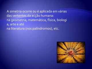 A simetria ocorre ou é aplicada em várias das vertentes da acção humana: na geometria, matemática, física, biologia, arte e até na literatura (nos palíndromos), etc.