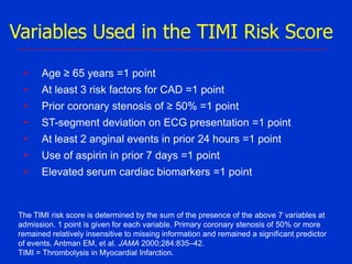 Variables Used in the TIMI Risk Score
•

Age ≥ 65 years =1 point

•

At least 3 risk factors for CAD =1 point

•

Prior coronary stenosis of ≥ 50% =1 point

•

ST-segment deviation on ECG presentation =1 point

•

At least 2 anginal events in prior 24 hours =1 point

•

Use of aspirin in prior 7 days =1 point

•

Elevated serum cardiac biomarkers =1 point

The TIMI risk score is determined by the sum of the presence of the above 7 variables at
admission. 1 point is given for each variable. Primary coronary stenosis of 50% or more
remained relatively insensitive to missing information and remained a significant predictor
of events. Antman EM, et al. JAMA 2000;284:835–42.
TIMI = Thrombolysis in Myocardial Infarction.

 