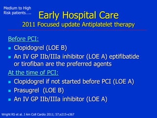 Medium to High
Risk patients…..

Early Hospital Care

2011 Focused update Antiplatelet therapy

Before PCI:
 Clopidogrel (LOE B)
 An IV GP IIb/IIIa inhibitor (LOE A) eptifibatide
or tirofiban are the preferred agents
At the time of PCI:
 Clopidogrel if not started before PCI (LOE A)
 Prasugrel (LOE B)
 An IV GP IIb/IIIa inhibitor (LOE A)
Wright RS et al. J Am Coll Cardio 2011; 57;e215-e367

 
