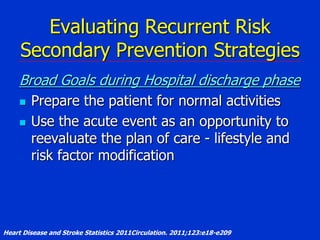 Evaluating Recurrent Risk
Secondary Prevention Strategies
Broad Goals during Hospital discharge phase



Prepare the patient for normal activities
Use the acute event as an opportunity to
reevaluate the plan of care - lifestyle and
risk factor modification

Heart Disease and Stroke Statistics 2011Circulation. 2011;123:e18-e209

 