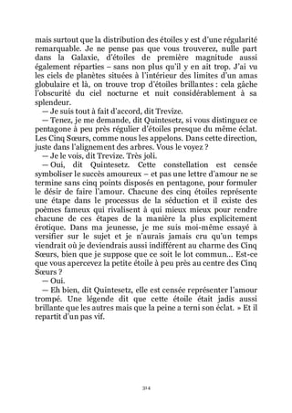 314
mais surtout que la distribution des étoiles y est dřune régularité
remarquable. Je ne pense pas que vous trouverez, nulle part
dans la Galaxie, dřétoiles de première magnitude aussi
également réparties Ŕ sans non plus quřil y en ait trop. Jřai vu
les ciels de planètes situées à lřintérieur des limites dřun amas
globulaire et là, on trouve trop dřétoiles brillantes : cela gâche
lřobscurité du ciel nocturne et nuit considérablement à sa
splendeur.
ŕ Je suis tout à fait dřaccord, dit Trevize.
ŕ Tenez, je me demande, dit Quintesetz, si vous distinguez ce
pentagone à peu près régulier dřétoiles presque du même éclat.
Les Cinq Sœurs, comme nous les appelons. Dans cette direction,
juste dans lřalignement des arbres. Vous le voyez ?
ŕ Je le vois, dit Trevize. Très joli.
ŕ Oui, dit Quintesetz. Cette constellation est censée
symboliser le succès amoureux Ŕ et pas une lettre dřamour ne se
termine sans cinq points disposés en pentagone, pour formuler
le désir de faire lřamour. Chacune des cinq étoiles représente
une étape dans le processus de la séduction et il existe des
poèmes fameux qui rivalisent à qui mieux mieux pour rendre
chacune de ces étapes de la manière la plus explicitement
érotique. Dans ma jeunesse, je me suis moi-même essayé à
versifier sur le sujet et je nřaurais jamais cru quřun temps
viendrait où je deviendrais aussi indifférent au charme des Cinq
Sœurs, bien que je suppose que ce soit le lot commun... Est-ce
que vous apercevez la petite étoile à peu près au centre des Cinq
Sœurs ?
ŕ Oui.
ŕ Eh bien, dit Quintesetz, elle est censée représenter lřamour
trompé. Une légende dit que cette étoile était jadis aussi
brillante que les autres mais que la peine a terni son éclat. » Et il
repartit dřun pas vif.
 