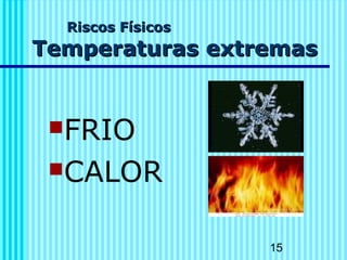 15 
RRiissccooss FFííssiiccooss 
TTeemmppeerraattuurraass eexxttrreemmaass 
FRIO 
CALOR 
 