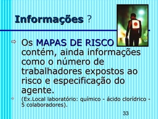 33 
IInnffoorrmmaaççõõeess ? 
 OOss MMAAPPAASS DDEE RRIISSCCOO 
ccoonnttéémm,, aaiinnddaa iinnffoorrmmaaççõõeess 
ccoommoo oo nnúúmmeerroo ddee 
ttrraabbaallhhaaddoorreess eexxppoossttooss aaoo 
rriissccoo ee eessppeecciiffiiccaaççããoo ddoo 
aaggeennttee.. 
 ((EExx..LLooccaall llaabboorraattóórriioo:: qquuíímmiiccoo -- áácciiddoo cclloorrííddrriiccoo -- 
55 ccoollaabboorraaddoorreess)).. 
 