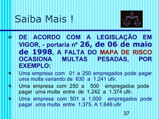 Saiba Mais ! 
DE ACORDO COM A LEGISLAÇÃO EM 
VIGOR, - portaria nº 26, de 06 de maio 
de 1998, A FALTA DO MAPA DE RISCO 
OCASIONA MULTAS PESADAS, POR 
EXEMPLO: 
Uma empresa com 01 a 250 empregados pode pagar 
uma multa variando de 630 a 1.241 ufir. 
Uma empresa com 250 a 500 empregados pode 
pagar uma multa entre de 1.242 a 1.374 ufir. 
Uma empresa com 501 a 1.000 empregados pode 
pagar uma multa entre 1.375. A 1.646 ufir 
37 
