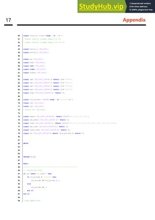 17 Appendix
50. signal count_4: integer range 0 to 50:= 0;
51. --signal count_5: integer range 0 to 15;
52. --signal count_6: integer range 0 to 15:= 0;
53.
54. signal button_1: STD_LOGIC;
55. signal button_2: STD_LOGIC;
56.
57. signal up: STD_LOGIC;
58. signal down: STD_LOGIC;
59. signal left: STD_LOGIC;
60. signal right: STD_LOGIC;
61. signal middle: STD_LOGIC;
62.
63. signal dg0: STD_LOGIC_VECTOR (4 downto 0):= "00000";
64. signal dg1: STD_LOGIC_VECTOR (4 downto 0):= "00000";
65. signal dg2: STD_LOGIC_VECTOR (4 downto 0):= "00000";
66. signal dg3: STD_LOGIC_VECTOR (4 downto 0):= "00000";
67. signal disp: STD_LOGIC_VECTOR (19 downto 0);
68.
69. signal clk_divider: INTEGER range 0 to 100000000:= 0;
70. signal ck2: STD_LOGIC;
71. signal ck1: STD_LOGIC;
72. --signal ck2: STD_LOGIC;
73.
74. signal admin: STD_LOGIC_VECTOR (15 downto 0):= B"0001_0010_0010_1001";
75. signal get_admin: STD_LOGIC_VECTOR (15 downto 0);
76. signal code: STD_LOGIC_VECTOR (39 downto 0):= B"0001_0111_0101_0100_0110_0001_1000_1100_1100_1100";
77. signal get_code: STD_LOGIC_VECTOR (39 downto 0);
78. signal reset_code: STD_LOGIC_VECTOR (39 downto 0);
79. signal sw: STD_LOGIC_VECTOR (4 downto 0):= switches (4 downto 0);
80.
81.
82. BEGIN
83.
84.
85.
86. PROCESS (clk)
87.
88. Begin
89. ----------------------------------------------------------
90. -- divide the clock
91. if clk' event and clk='1' then
92. if clk_divider < 100000000 then
93. clk_divider <= clk_divider + 1;
94. else
95. clk_divider <= 0;
96. end if;
97. end if;
98.
99. --high speed clock
 