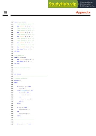 18 Appendix
100. case clk_divider is
101. --when 10000000 => ck1 <= '1';
102. when 20000000 => ck1 <= '1';
103. --when 25000000 => ck1 <= '1';
104. --when 30000000 => ck1 <= '1';
105. when 40000000 => ck1 <= '1';
106. --when 50000000 => ck1 <= '1';
107. when 60000000 => ck1 <= '1';
108. --when 70000000 => ck1 <= '1';
109. --when 75000000 => ck1 <= '1';
110. when 80000000 => ck1 <= '1';
111. --when 90000000 => ck1 <= '1';
112. when 100000000 => ck1 <= '1';
113. when others => ck1 <= '0';
114. end case;
115.
116. --low speed clock
117. case clk_divider is
118. when 100000000 => ck2 <= '1';
119. when others => ck2 <= '0';
120. end case;
121.
122. --end of the clock divider
123.
124.
125. end process;
126. ---------------------------------------------------------
127. --debounce the buttons
128. process(ck1)
129. begin
130.
131. if buttons(4) = '0' then
132. count <= 0;
133. elsif rising_edge (ck1) then
134. if count = 4 then
135. count <= count;
136. else
137. count <= count + 1;
138. end if;
139. end if;
140.
141. if count = 3 then
142. middle_btn <= '1';
143. else
144. middle_btn <= '0';
145. end if;
146.
147. ----------------------------------
148.
149. if buttons(1) = '0' then
 