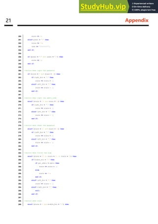 21 Appendix
250. state <= 4;
251. elsif power = '0' then
252. state <= 39;
253. leds <= "00000000";
254. end if;
255.
256. if (power = '1' and reset = '1') then
257. state <= 5;
258. end if;
259.
260. --button when input the password
261. if (state > 5 and state < 15) then
262. if right_btn = '1' then
263. state <= state + 1;
264. elsif left_btn = '1' then
265. state <= state - 1;
266. end if;
267.
268. --button when input the admin_code
269. elsif (state > 16 and state < 20) then
270. if right_btn = '1' then
271. state <= state + 1;
272. elsif left_btn = '1' then
273. state <= state - 1;
274. end if;
275.
276. --button when reset the password
277. elsif (state > 21 and state < 31) then
278. if right_btn = '1' then
279. state <= state + 1;
280. elsif left_btn = '1' then
281. state <= state - 1;
282. end if;
283.
284. --button when finish the step
285. elsif (state = 20 or state = 21 or state = 31) then
286. if middle_btn = '1' then
287. if get_admin = admin then
288. state <= state + 1;
289. else
290. state <= 33;
291. end if;
292. elsif left_btn = '1' then
293. state <= state - 1;
294. elsif right_btn = '1' then
295. null;
296. end if;
297.
298. --button when start
299. elsif (state < 6 and middle_btn = '1') then
 