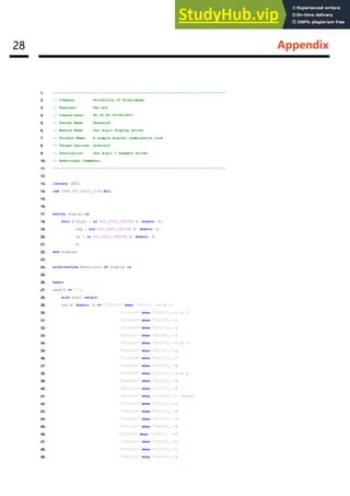 28 Appendix
1. ----------------------------------------------------------------------------------
2. -- Company: University of Birmingham
3. -- Engineer: Fan Qin
4. -- Create Date: 90:33:50 10/08/2017
5. -- Design Name: Password
6. -- Module Name: One digit display driver
7. -- Project Name: A simple digital combination lock
8. -- Target Devices: xc6slx16
9. -- Description: One digit 7 segment driver
10. -- Additional Comments:
11. ----------------------------------------------------------------------------------
12.
13. library IEEE;
14. use IEEE.STD_LOGIC_1164.ALL;
15.
16.
17. entity display is
18. Port ( digit : in STD_LOGIC_VECTOR (4 downto 0);
19. seg : out STD_LOGIC_VECTOR (7 downto 0);
20. an : in STD_LOGIC_VECTOR (3 downto 0)
21. );
22. end display;
23.
24. architecture Behavioral of display is
25.
26. begin
27. seg(7) <= '1';
28. with digit select
29. seg (6 downto 0) <= "1000000" when "00000", --0 or O
30. "1111001" when "00001", --1 or I
31. "0100100" when "00010", --2
32. "0110000" when "00011", --3
33. "0011001" when "00100", --4
34. "0010010" when "00101", --5 or S
35. "0000010" when "00110", --6
36. "1111000" when "00111", --7
37. "0000000" when "01000", --8
38. "0010000" when "01001", --9 or g
39. "0001000" when "01010", --A
40. "0001110" when "01011", --F
41. "0111111" when "01100", --- (score)
42. "0101111" when "01101", --r
43. "0000110" when "01110", --E
44. "0001001" when "01111", --H
45. "0111000" when "10000", --F
46. "0001000" when "10001", --A
47. "1001000" when "10010", --n
48. "0100011" when "10011", --o
49. "0000111" when "10100", --k
 