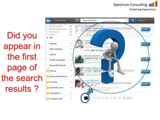 Spectrum Consulting
Fostering Experience
Did you
appear in
the first
page of
the search
results ?
 