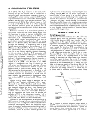 et al. 2010). The N2O produced in the soil profile
dissolves in the soil solution and is transported to
subsurface and, where drainage systems are present, is
discharged to surface waters, where the N2O rapidly
degasses from solution and is released to the atmosphere
(Bowden and Bormann 1986; van Bochove et al. 2001;
Sawamoto et al. 2005). This indirect source of N2O
is easily overlooked, in that it is often temporally
and spatially displaced from the expected site of
production and its quantification is difficult (Hasegawa
et al. 2000).
Subsurface drainage is a management practice in
agricultural fields used to remove excess water from
the landscape in order to increase trafficability and
enhance crop productivity (Drury et al. 1993). It has
been shown to be a highly beneficial practice in Atlantic
Canada, which receives approximately 1200 mm of
precipitation annually, primarily in the fall and spring
(Madani and Brenton 1995). The addition of fertilizer
(organic and inorganic) to agricultural lands in sub-
humid regions contributes to the production of N2O
(Minami and Fukushi 1984). Ronen et al. (1988) state
that approximately 30% of the N applied to agricultural
soils can be lost through leaching. Similarly, guidelines
for the reporting of dissolved N2O associated with
drainage water are included as EF5g in the Intergovern-
mental Panel on Climate Change (IPCC) guidelines for
indirect N2O emissions assume the fraction of applied N
that leaches (FracLeach) from the root zone in humid
regions is 0.30 (IPCC 2006; Rochette et al. 2008).
Soluble C compounds and NO(
3 -N applied to the
soil surface can leach downward, supplying substrate
(electron donors) and terminal electron acceptors for
denitrification to occur at depth within the soil. The
N2O produced at depth can easily be dissolved in soil
water or groundwater (Sawamoto et al. 2005). Tile
drainage expedites the movement of water from the
field, reducing the opportunity for biochemical reduc-
tion of dissolved N2O in the soil profile (Mehnert et al.
2007).
Nitrous oxide is highly soluble in water (at 58C 1.0
mL N2O-N mL(1
water00.0425 mols N2O L(1
water)
(Dowdell et al. 1979; Davidson and Swank 1990;
Heincke 2001), with its solubility increasing as tempera-
ture decreases (Weiss and Price 1980; Heincke and
Kaupenjohann 1999). During the winter period in
northern latitudes, there is the potential for the forma-
tion of continuous ice layers that can restrict the
diffusion of N2O to the atmosphere, trapping N2O at
a depth where it can dissolve in cold water (Davidson
and Swank 1990; Burton and Beauchamp 1994).
Although it has been recognized as a component of
N2O emissions from agricultural systems, dissolved N2O
in drainage water is still poorly understood and seldom
quantified. In particular, we do not adequately under-
stand the impact of land management decisions, such as
the choice of tillage system, which could affect water
movement, profile N dynamics and the potential for
N2O emissions in tile drainage water during the non-
growing period. One of the major limitations to
quantification of this source is a practical, reliable,
and automated means of collecting water samples in a
manner that preserves dissolved gas concentrations.
This paper describes a simple method that allows for
the collection of drainage water samples using standard
automated water sampling equipment that maintains the
dissolved gases and thereby allows automated collection
of water sampled for determination of dissolved N2O in
agricultural drainage waters.
MATERIALS AND METHODS
Sampling Apparatus
Tile water is commonly collected in 1-L ISCOTM
water
sampling bottles using an automated sampler (ISCO
6700 Portable Sampler, ISCO Inc., Lincoln, NE). The
configuration of this type of sample container allows
exposure of the sample to the atmosphere and degassing
of dissolved gasses. To maintain the integrity of the
water sample for dissolved N2O quantification, the
potential for the sample to degas must be minimized.
To accomplish this in a simple, cost-effective manner, a
10-mL volumetric pipette, cut at the fill line to ensure
that water fills the pipette beyond the bulb, was placed
inverted in each of the sampling bottles in the auto-
sampler. A portion of the glass was cut from the upper
part of the pipette to insure the pipette fit completely
within the bottle and there was no interference with the
workings of the autosampler and to ensure the water
filled to the narrow portion of the pipette (Fig. 1). The
pipette was inverted for three reasons: the pipette can
be modified by simply cutting it; to speed the rate
of filling; and to minimize turbulence during filling.
Fig. 1. Diagram of modiﬁed volumetric pipette within an
ISCOTM
water sample container, illustrating the retrieval of
water from within the bulb of the pipette using a syringe. The
internal diameter of the pipette stem at the water line is 0.13
cm2
and the pipette contains approximately 10 mL of water.
60 CANADIAN JOURNAL OF SOIL SCIENCE
Can.J.Soil.Sci.Downloadedfrompubs.aic.cabyUSPUNIVERSIDADEDESAOPAULOon02/16/15
Forpersonaluseonly.
 