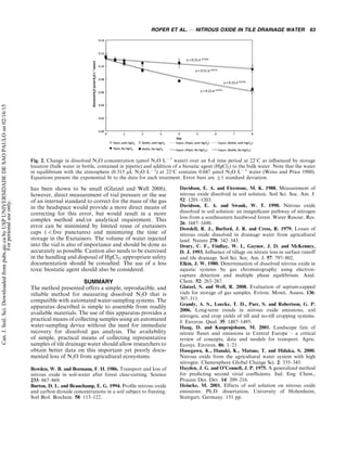 has been shown to be small (Glatzel and Well 2008);
however, direct measurement of vial pressure or the use
of an internal standard to correct for the mass of the gas
in the headspace would provide a more direct means of
correcting for this error, but would result in a more
complex method and/or analytical requirement. This
error can be minimized by limited reuse of exetainers
caps (Bfive punctures) and minimizing the time of
storage in the Exetainers. The volume of water injected
into the vial is also of importance and should be done as
accurately as possible. Caution also needs to be exercised
in the handling and disposal of HgCl2; appropriate safety
documentation should be consulted. The use of a less
toxic biostatic agent should also be considered.
SUMMARY
The method presented offers a simple, reproducible, and
reliable method for measuring dissolved N2O that is
compatible with automated water-sampling systems. The
apparatus described is simple to assemble from readily
available materials. The use of this apparatus provides a
practical means of collecting samples using an automated
water-sampling device without the need for immediate
recovery for dissolved gas analysis. The availability
of simple, practical means of collecting representative
samples of tile drainage water should allow researchers to
obtain better data on this important yet poorly docu-
mented loss of N2O from agricultural ecosystems.
Bowden, W. B. and Bormann, F. H. 1986. Transport and loss of
nitrous oxide in soil-water after forest clear-cutting. Science
233: 867Á869.
Burton, D. L. and Beauchamp, E. G. 1994. Proﬁle nitrous oxide
and carbon dioxide concentrations in a soil subject to freezing.
Soil Biol. Biochem. 58: 115Á122.
Davidson, E. A. and Firestone, M. K. 1988. Measurement of
nitrous oxide dissolved in soil solution. Soil Sci. Soc. Am. J.
52: 1201Á1203.
Davidson, E. A. and Swank, W. T. 1990. Nitrous oxide
dissolved in soil solution: an insigniﬁcant pathway of nitrogen
loss from a southeastern hardwood forest. Water Resour. Res.
26: 1687Á1690.
Dowdell, R. J., Burford, J. R. and Cress, R. 1979. Losses of
nitrous oxide dissolved in drainage water from agricultural
land. Nature 278: 342Á343.
Drury, C. F., Findlay, W. I., Gaynor, J. D. and McKenney,
D. J. 1993. Inﬂuence of tillage on nitrate loss in surface runoff
and tile drainage. Soil Sci. Soc. Am. J. 57: 797Á802.
Elkin, J. W. 1980. Determination of dissolved nitrous oxide in
aquatic systems by gas chromatography using electron-
capture detection and multiple phase equilibrium. Anal.
Chem. 52: 263Á267.
Glatzel, S. and Well, R. 2008. Evaluation of septum-capped
vials for storage of gas samples. Eviron. Monit. Assess. 136:
307Á311.
Grandy, A. S., Loecke, T. D., Parr, S. and Robertson, G. P.
2006. Long-term trends in nitrous oxide emissions, soil
nitrogen, and crop yields of till and no-till cropping systems.
J. Environ. Qual. 35: 1487Á1495.
Haag, D. and Kaupenjohann, M. 2001. Landscape fate of
nitrate ﬂuxes and emissions in Central Europe Á a critical
review of concepts, data and models for transport. Agric.
Ecosys. Environ. 86: 1Á21.
Hasegawa, K., Hanaki, K., Matsuo, T. and Hidaka, S. 2000.
Nitrous oxide from the agricultural water system with high
nitrogen. Chemosphere Global Change Sci. 2: 335Á345.
Hayden, J. G. and O’Connell, J. P. 1975. A generalized method
for predicting second virial coefﬁcients. Ind. Eng. Chem.,
Process Des. Dev. 14: 209Á216.
Heincke, M. 2001. Effects of soil solution on nitrous oxide
emissions. Ph.D. dissertation, University of Hohenheim,
Stuttgart, Germany. 151 pp.
Fig. 2. Change in dissolved N2O concentration (mmol N2O L(1
water) over an 8-d time period at 228C as inﬂuenced by storage
location (bulk water in bottle, contained in pipette) and addition of a biosatic agent (HgCl2) to the bulk water. Note that the water
in equilibrium with the atmosphere (0.315 mL N2O L(1
) at 228C contains 0.047 mmol N2O L(1
water (Weiss and Price 1980).
Equations present the exponential ﬁt to the data for each treatment. Error bars are 91 standard deviation.
ROPER ET AL. * NITROUS OXIDE IN TILE DRAINAGE WATER 63
Can.J.Soil.Sci.Downloadedfrompubs.aic.cabyUSPUNIVERSIDADEDESAOPAULOon02/16/15
Forpersonaluseonly.
 