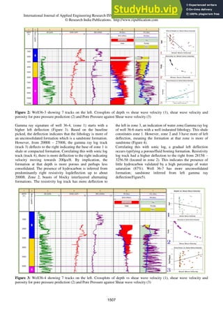 International Journal of Applied Engineering Research ISSN 0973-4562 Volume 11, Number 2 (2016) pp 1503-1517
© Research India Publications. http://www.ripublication.com
Figure 2: Well36-3 showing 7 tracks on the left. Crossplots of depth vs shear wave velocity (1), shear wave velocity and
porosity for pore pressure prediction (2) and Pore Pressure against Shear wave velocity (3)
Gamma ray signature of well 36-4, (zone 1) starts with a
higher left deflection (Figure 3). Based on the baseline
picked, the deflection indicates that the lithology is more of
an unconsolidated formation which is a sandstone formation.
However, from 2000ft – 2700ft, the gamma ray log track
(track 3) deflects to the right indicating the base of zone 1 is
shale or compacted formation. Correlating this with sonic log
track (track 4), there is more deflection to the right indicating
velocity moving towards 200µs/ft. By implication, the
formation at that depth is more porous and perhaps less
consolidated. The presence of hydrocarbon is inferred from
predominantly right resistivity logdeflection up to about
2000ft. Zone 2, boasts of blocky interlayered alternating
formations. The resistivity log track has more deflection to
the left in zone 3, an indication of water zone.Gamma ray log
of well 36-6 starts with a well indurated lithology. This shale
constitutes zone 1. However, zone 2 and 3 have more of left
deflection, meaning the formation at that zone is more of
sandstone (Figure 4).
Correlating this with sonic log, a gradual left deflection
occurs typifying a porous/fluid hosting formation. Resistivity
log track had a higher deflection to the right from 2815ft –
3256.5ft (located in zone 2). This indicates the presence of
little hydrocarbon validated by a high percentage of water
saturation (87%). Well 36-7 has more unconsolidated
formation; sandstone inferred from left gamma ray
deflection(Figure5).
Figure 3: Well36-4 showing 7 tracks on the left. Crossplots of depth vs shear wave velocity (1), shear wave velocity and
porosity for pore pressure prediction (2) and Pore Pressure against Shear wave velocity (3)
1507
 