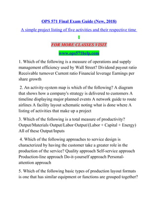 OPS 571 Final Exam Guide (New, 2018)
A simple project listing of five activities and their respective time
FOR MORE CLASSES VISIT
www.ops571help.com
1. Which of the following is a measure of operations and supply
management efficiency used by Wall Street? Dividend payout ratio
Receivable turnover Current ratio Financial leverage Earnings per
share growth
2. An activity-system map is which of the following? A diagram
that shows how a company's strategy is delivered to customers A
timeline displaying major planned events A network guide to route
airlines A facility layout schematic noting what is done where A
listing of activities that make up a project
3. Which of the following is a total measure of productivity?
Output/Materials Output/Labor Output/(Labor + Capital + Energy)
All of these Output/Inputs
4. Which of the following approaches to service design is
characterized by having the customer take a greater role in the
production of the service? Quality approach Self-service approach
Production-line approach Do-it-yourself approach Personal-
attention approach
5. Which of the following basic types of production layout formats
is one that has similar equipment or functions are grouped together?
 