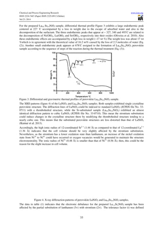 Chemical and Process Engineering Research www.iiste.org
ISSN 2224-7467 (Paper) ISSN 2225-0913 (Online)
Vol.23, 2014
33
For the prepared La0.6 Sr0.4NiO3 sample, differential thermal profile Figure 3 exhibits a large endothermic peak
centered at 227 ◦
C accompanied by a loss in weight due to the escape of adsorbed water and also to the
decomposition of the surfactant. The three endothermic peaks that appear at ~ 327, 340 and 495◦
C are related to
the decomposition of Ni(OH)2, La(OH)3 and Sr(OH)2, respectively into their oxides (Oliveira et al. 2010). Also
these endothermic effects are accompanied by a high loss in weight (~17 wt %).The weight loss was about 17 wt
%which is in agreement with the theoretical value of 16.2 wt% caused by the loss of 2.3 molecules of water (Eq.
(2)). Another small endothermic peak appears at 678◦
C assigned to the formation of La0.6Sr0.4NiO3 perovskite
sample according to the sequence of steps of the reaction during the thermal treatment (Eq. (3)).
Figure 3. Differential and gravimetric thermal profiles of perovskite La0.6Sr0.4NiO3 sample.
The XRD patterns (figure 4) of the LaNiO3 and La0.6Sr0.4NiO3 samples. Both samples exhibited single crystalline
perovskite structure. The diffraction lines of LaNiO3 could be indexed to standard LaNiO3 (JCPDS file No. 33-
0711) with a rhombohedral structure, while the Sr-substituted sample (La0.6Sr0.4NiO3) exhibited an almost
identical diffraction pattern to cubic LaNiO3 (JCPDS file No. 33-0710). This mean the strontium substitution
could induce changes in the crystalline structure there by modifying the rhombohedral structure tending to a
nearly cubic one. This means that the substituted perovskite structures are less distorted than that of LaNiO3
(Kumar et al. 2013).
Accordingly, the high ionic radius of 12-coordinated Sr2 +
(1.44 Å) as compared to that of 12-coordinated La3 +
(1.36 Å) indicates that the cell volume should be very slightly affected by the strontium substitution.
Nevertheless, as the strontium has a lower oxidation state than lanthanum, an increase of the nickel oxidation
state from Ni3+
to Ni4+
could have occurred or oxygen vacancies would be generated to maintain the structure
electroneutrality. The ionic radius of Ni4+
(0.48 Å) is smaller than that of Ni3+
(0.56 Å); then, this could be the
reason for the slight increase in cell volume.
Figure 4. X-ray differaction patterns of perovskite LaNiO3 and La0.6Sr0.4NiO3 samples.
The data in table (1) indicates that the electronic debalance for the prepared La1-xSrxNiO3 sample has been
affected by the partial substitution of lanthanum (3+) with strontium (2+). The tolerance factor (t) was defined
 