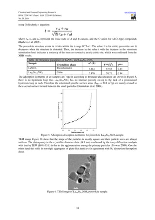 Chemical and Process Engineering Research www.iiste.org
ISSN 2224-7467 (Paper) ISSN 2225-0913 (Online)
Vol.23, 2014
34
using Goldschmidʼs equation:
where rA, rB and rO represent the ionic radii of A and B cations, and the O anion for ABO3-type compounds
(Barbero et al. 2006).
The perovskite structure exists in oxides within the t range 0.75-<1. The value 1 is for cubic perovskite and it
decreases when the structure is distorted. Then, the increase in the value t with the increase in the strontium
substitution level indicates a tendency of the structure towards a nearly cubic one, which was confirmed from the
XRD results.
Table (1): Structural parameters of LaNiO3 and La0.6Sr0.4NiO3
Sample
Crystalline phase
ɑ* (Å)
V**(Å3
) t***
LaNiO3 Rhombohedral 3.861 57.55 0.83
La0.6Sr0.4NiO3 Cubic 3.876 58.21 0.84
The adsorption isotherms of all samples are Type II according to Brunauer classification. As shown in Figure 5,
there is no hysteresis loop thus La0.6Sr0.4NiO3 has no internal porosity owing to the lack of a pronounced
hysteresis loop in each. Therefore the calculated specific surface areas (SBET = 20.8 m2
/g) are mainly related to
the external surface formed between the small particles (Giannakas et al. 2004).
0.0 0.2 0.4 0.6 0.8 1.0
0
10
20
30
40
adsorbedvolumeatSTP(mL/g)
Relative pressure p/p0
Figure 5. Adsorption-desorption isotherms for perovskite La0.6Sr0.4NiO3 sample.
TEM image Figure 38 show that the shape of the particles is mostly square and their particle sizes are almost
uniform. The discrepancy in the crystallite diameter data (14.1 nm) confirmed by the x-ray diffraction analysis
with that by TEM (10.8–33.1) is due to the agglomeration among the primary particles (Biswas 2009). One the
other hand this solid is non-rigid aggregates of plate-like particles (in agreement with N2 adsorption-desorption
data).
Figure 6. TEM image of La0.6Sr0.4NiO3 perovskite sample.
 