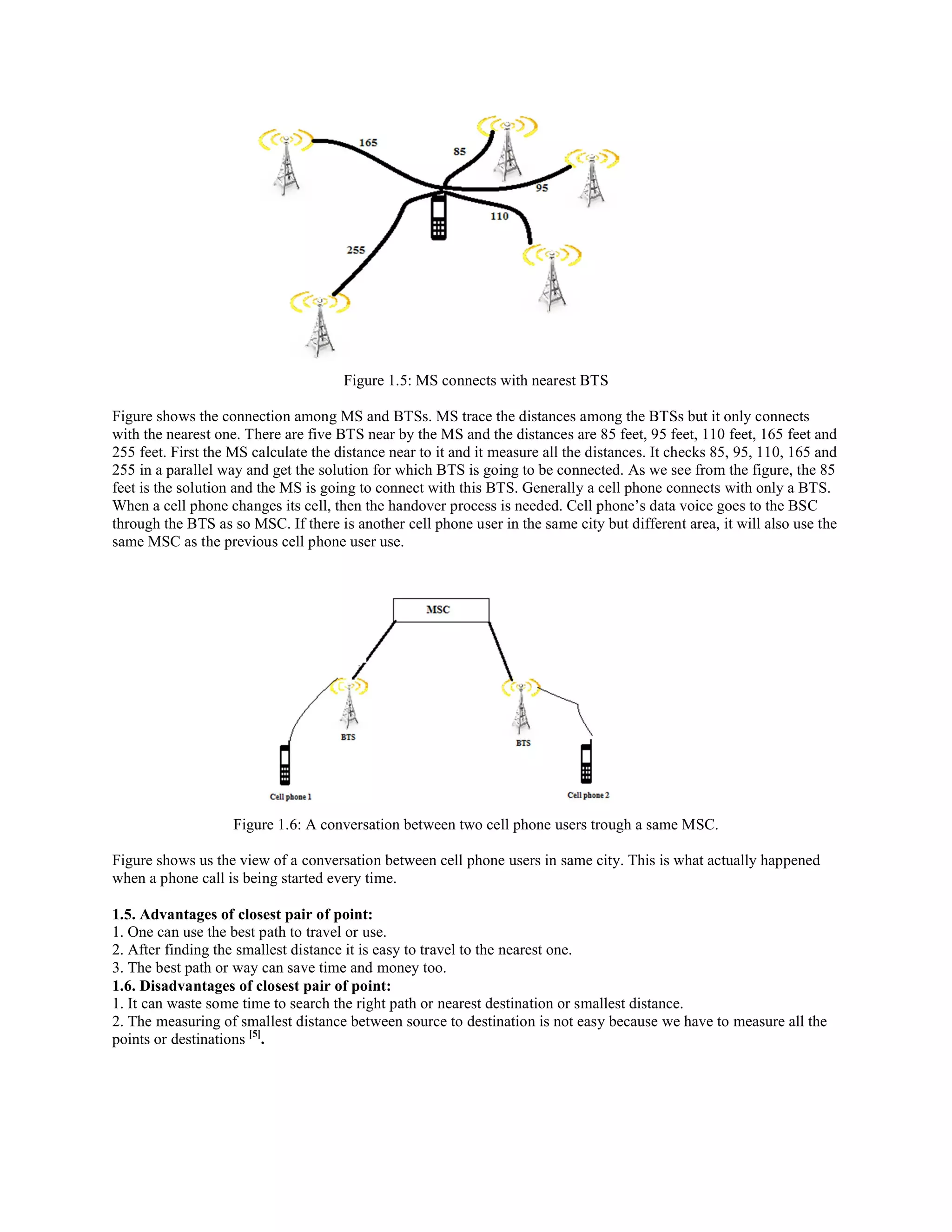Figure 1.5: MS connects with nearest BTS
Figure shows the connection among MS and BTSs. MS trace the distances among the BTSs but it only connects
with the nearest one. There are five BTS near by the MS and the distances are 85 feet, 95 feet, 110 feet, 165 feet and
255 feet. First the MS calculate the distance near to it and it measure all the distances. It checks 85, 95, 110, 165 and
255 in a parallel way and get the solution for which BTS is going to be connected. As we see from the figure, the 85
feet is the solution and the MS is going to connect with this BTS. Generally a cell phone connects with only a BTS.
When a cell phone changes its cell, then the handover process is needed. Cell phone’s data voice goes to the BSC
through the BTS as so MSC. If there is another cell phone user in the same city but different area, it will also use the
same MSC as the previous cell phone user use.
Figure 1.6: A conversation between two cell phone users trough a same MSC.
Figure shows us the view of a conversation between cell phone users in same city. This is what actually happened
when a phone call is being started every time.
1.5. Advantages of closest pair of point:
1. One can use the best path to travel or use.
2. After finding the smallest distance it is easy to travel to the nearest one.
3. The best path or way can save time and money too.
1.6. Disadvantages of closest pair of point:
1. It can waste some time to search the right path or nearest destination or smallest distance.
2. The measuring of smallest distance between source to destination is not easy because we have to measure all the
points or destinations [5]
.
 