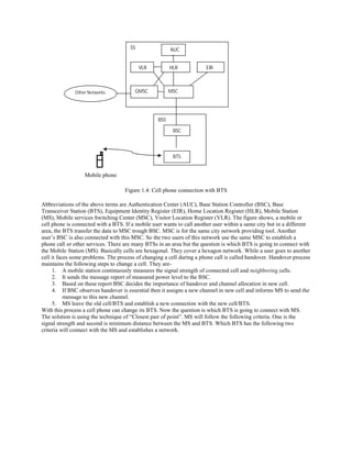 Mobile phone
Figure 1.4: Cell phone connection with BTS
Abbreviations of the above terms are Authentication Center (AUC), Base Station Controller (BSC), Base
Transceiver Station (BTS), Equipment Identity Register (EIR), Home Location Register (HLR), Mobile Station
(MS), Mobile services Switching Center (MSC), Visitor Location Register (VLR). The figure shows, a mobile or
cell phone is connected with a BTS. If a mobile user wants to call another user within a same city but in a different
area, the BTS transfer the data to MSC trough BSC. MSC is for the same city network providing tool. Another
user’s BSC is also connected with this MSC. So the two users of this network use the same MSC to establish a
phone call or other services. There are many BTSs in an area but the question is which BTS is going to connect with
the Mobile Station (MS). Basically cells are hexagonal. They cover a hexagon network. While a user goes to another
cell it faces some problems. The process of changing a cell during a phone call is called handover. Handover process
maintains the following steps to change a cell. They are-
1. A mobile station continuously measures the signal strength of connected cell and neighboring cells.
2. It sends the message report of measured power level to the BSC.
3. Based on these report BSC decides the importance of handover and channel allocation in new cell.
4. If BSC observes handover is essential then it assigns a new channel in new cell and informs MS to send the
message to this new channel.
5. MS leave the old cell/BTS and establish a new connection with the new cell/BTS.
With this process a cell phone can change its BTS. Now the question is which BTS is going to connect with MS.
The solution is using the technique of “Closest pair of point”. MS will follow the following criteria. One is the
signal strength and second is minimum distance between the MS and BTS. Which BTS has the following two
criteria will connect with the MS and establishes a network.
SS AUC
VLR HLR EIR
GMSC MSCOther Networks
BSS
BSC
BTS
 
