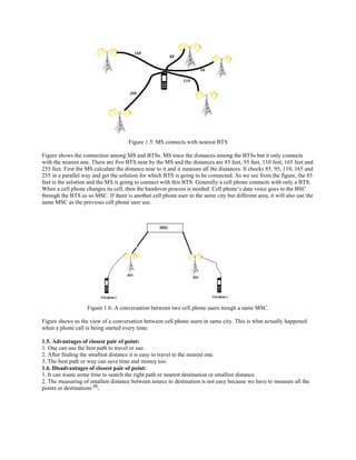 Figure 1.5: MS connects with nearest BTS
Figure shows the connection among MS and BTSs. MS trace the distances among the BTSs but it only connects
with the nearest one. There are five BTS near by the MS and the distances are 85 feet, 95 feet, 110 feet, 165 feet and
255 feet. First the MS calculate the distance near to it and it measure all the distances. It checks 85, 95, 110, 165 and
255 in a parallel way and get the solution for which BTS is going to be connected. As we see from the figure, the 85
feet is the solution and the MS is going to connect with this BTS. Generally a cell phone connects with only a BTS.
When a cell phone changes its cell, then the handover process is needed. Cell phone’s data voice goes to the BSC
through the BTS as so MSC. If there is another cell phone user in the same city but different area, it will also use the
same MSC as the previous cell phone user use.
Figure 1.6: A conversation between two cell phone users trough a same MSC.
Figure shows us the view of a conversation between cell phone users in same city. This is what actually happened
when a phone call is being started every time.
1.5. Advantages of closest pair of point:
1. One can use the best path to travel or use.
2. After finding the smallest distance it is easy to travel to the nearest one.
3. The best path or way can save time and money too.
1.6. Disadvantages of closest pair of point:
1. It can waste some time to search the right path or nearest destination or smallest distance.
2. The measuring of smallest distance between source to destination is not easy because we have to measure all the
points or destinations [5]
.
 
