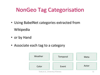 NonGeo	Tag	Categorisa@on	
•  Using	BabelNet	categories	extracted	from	
Wikipedia		
•  or	by	Hand	
•  Associate	each	tag	to	a	category	
Event	
Temporal	Weather	
Actor	
Meta	
Color	
Tardy	et	al.,	University	of	Geneva	 11	
 