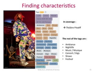 Finding	characteris@cs	
Tardy	et	al.,	University	of	Geneva	 15	
The	rest	of	the	tags	are	:		
	
•  Ambiance	
•  Nightlife	
•  Music	/	Musique		
•  Concert	/	Gigs	
•  Shows	
•  Fes@val	
	
In	coverage	:		
	
à	Théâtre	Pitoëﬀ	
 