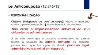 RESPONSABILIZAÇÃO
Objetiva (independe de dolo ou culpa): Houve o atentado
contra o patrimônio publico E houve benefício da empresa.
Não exclui a responsabilidade individual de seus
dirigentes ou administradores.
A Lei não prevê que o processo administrativo ou judicial
resolva a situação do agente corrupto ou corruptor
pessoa física, que fica sujeto ao devido processo legal,
administrativo e criminal em separado .
Lei Anticorrupção (12.846/13)
 