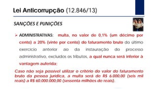 Lei Anticorrupção (12.846/13)
SANÇÕES E PUNIÇÕES
 ADMINISTRATIVAS: multa, no valor de 0,1% (um décimo por
cento) a 20% (vinte por cento) do faturamento bruto do último
exercício anterior ao da instauração do processo
administrativo, excluídos os tributos, a qual nunca será inferior à
vantagem auferida;
Caso não seja possível utilizar o critério do valor do faturamento
bruto da pessoa jurídica, a multa será de R$ 6.000,00 (seis mil
reais) a R$ 60.000.000,00 (sessenta milhões de reais).
 