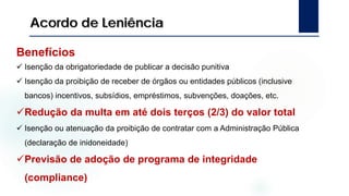 Acordo de Leniência
Benefícios
 Isenção da obrigatoriedade de publicar a decisão punitiva
 Isenção da proibição de receber de órgãos ou entidades públicos (inclusive
bancos) incentivos, subsídios, empréstimos, subvenções, doações, etc.
Redução da multa em até dois terços (2/3) do valor total
 Isenção ou atenuação da proibição de contratar com a Administração Pública
(declaração de inidoneidade)
Previsão de adoção de programa de integridade
(compliance)
 