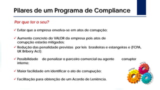 Pilares de um Programa de Compliance
 Evitar que a empresa envolva-se em atos de corrupção;
 Aumento concreto do VALOR da empresa pois atos de
corrupção estarão mitigados;
 Redução das penalidade previstas por leis brasileiras e estangeiras e (FCPA,
UK Bribery Act);
 Possibilidade de penalizar o parceiro comercial ou agente corruptor
interno;
 Maior facilidade em identificar o ato de corrupução;
 Facilitação para obtenção de um Acordo de Leniência.
Por que ter o seu?
 