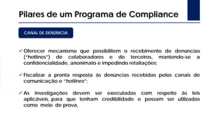Pilares de um Programa de Compliance
CANAL DE DENÚNICIA
 Oferecer mecanismo que possibilitem o recebimento de denúncias
(“hotlines”) de colaboradores e de terceiros, mantendo-se a
confidencialidade, anonimato e impedindo retaliações;
 Fiscalizar a pronta resposta às denúncias recebidas pelos canais de
comunicação e “hotlines”;
 As investigações devem ser executadas com respeito às leis
aplicáveis, para que tenham credibilidade e possam ser utilizadas
como meio de prova.
 