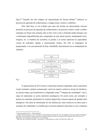 (fig.3) 17 baseado nos três estágios de representação de Jerome Bruner 18 relativos ao
processo de aquisição de conhecimento, o estágio motor, icónico e simbólico.
          Para Alan Kay, se era evidente que estas três formas de representação estavam
presentes no processo de aquisição de conhecimento e no processo criativo, então a melhor
estratégia era forçar uma sinergia entre as três. Com o rato o utilizador podia interagir com
a informação disponibilizada pelo computador de uma forma motora, manipulando texto,
imagens, etc. A metáfora da secretária, as janelas e os ícones apelavam às capacidades
visuais do utilizador, ligadas à representação icónica. Por fim, as linguagens de
programação, e no caso particular de Kay a Smalltalk, funcionariam com a manipulação de
símbolos.




Fig.3


          O aparecimento do GUI tornou a interacção homem-computador numa experiência
visual, tornando a própria comunicação visual um aspecto central no design de interfaces,
ao mesmo tempo, que transformou o computador numa 19“máquina de remediação”, isto é,
capaz de representar os media anteriores (analógicos). Os media como, por exemplo, a
pintura ou o desenho, produzidos no contexto digital têm o mesmo aspecto de quando eram
analógicos. Esta ideia de substituição de um medium por outro tornou-se na chave para a
aceitação do computador, na medida que as pessoas puderam relacionar-se com a máquina


17
   Esquema retirado do livro – Total Interaction -
18
   Jerome S. Bruner nasceu em 1915 e doutorou-se em psicologia por Harvard em 1941. Investigador nas áreas da educação, pedagogia e
psicologia. Ficou associado à reforma curricular nos Estados Unidos da América na década de 60. Principais obras: The Process of
Education; Toward a Theory of Instruction e Acts of Meaning.
19
   BOLTER, Jay e GRUSIN’S, Richard – Remediation: Understanding new media. The MIT Press, 2000. p.34




                                                                                                                               12
 