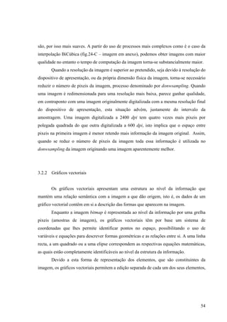 são, por isso mais suaves. A partir do uso de processos mais complexos como é o caso da
interpolação BiCúbica (fig.24-C – imagem em anexo), podemos obter imagens com maior
qualidade no entanto o tempo de computação da imagem torna-se substancialmente maior.
        Quando a resolução da imagem é superior ao pretendido, seja devido à resolução do
dispositivo de apresentação, ou da própria dimensão física da imagem, torna-se necessário
reduzir o número de pixeis da imagem, processo denominado por donwsampling. Quando
uma imagem é redimensionada para uma resolução mais baixa, parece ganhar qualidade,
em contraponto com uma imagem originalmente digitalizada com a mesma resolução final
do dispositivo de apresentação, esta situação advém, justamente do intervalo da
amostragem. Uma imagem digitalizada a 2400 dpi tem quatro vezes mais pixeis por
polegada quadrada do que outra digitalizada a 600 dpi, isto implica que o espaço entre
pixeis na primeira imagem é menor retendo mais informação da imagem original. Assim,
quando se reduz o número de pixeis da imagem toda essa informação é utilizada no
donwsampling da imagem originando uma imagem aparentemente melhor.




3.2.2   Gráficos vectoriais


        Os gráficos vectoriais apresentam uma estrutura ao nível da informação que
mantém uma relação semântica com a imagem a que dão origem, isto é, os dados de um
gráfico vectorial contêm em si a descrição das formas que aparecem na imagem.
        Enquanto a imagem bitmap é representada ao nível da informação por uma grelha
pixeis (amostras de imagem), os gráficos vectoriais têm por base um sistema de
coordenadas que lhes permite identificar pontos no espaço, possibilitando o uso de
variáveis e equações para descrever formas geométricas e as relações entre si. A uma linha
recta, a um quadrado ou a uma elipse correspondem as respectivas equações matemáticas,
as quais estão completamente identificáveis ao nível da estrutura da informação.
        Devido a esta forma de representação dos elementos, que são constituintes da
imagem, os gráficos vectoriais permitem a edição separada de cada um dos seus elementos,




                                                                                       54
 