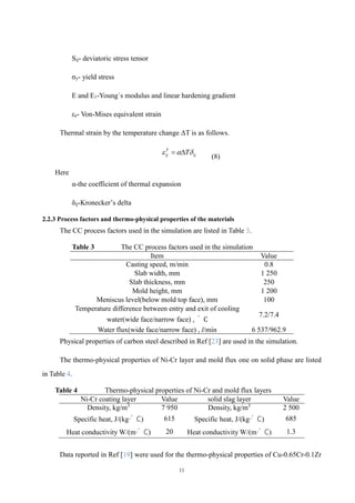11
Sij- deviatoric stress tensor
σy- yield stress
E and E1-Young`s modulus and linear hardening gradient
εe- Von-Mises equivalent strain
Thermal strain by the temperature change ΔT is as follows.
ij
T
ij T

 

(8)
Here
α-the coefficient of thermal expansion
δij-Kronecker’s delta
2.2.3 Process factors and thermo-physical properties of the materials
The CC process factors used in the simulation are listed in Table 3.
Table 3 The CC process factors used in the simulation
Item Value
Casting speed, m/min 0.8
Slab width, mm 1 250
Slab thickness, mm 250
Mold height, mm 1 200
Meniscus level(below mold top face), mm 100
Temperature difference between entry and exit of cooling
water(wide face/narrow face) , ﾟ C
7.2/7.4
Water flux(wide face/narrow face) , l/min 6 537/962.9
Physical properties of carbon steel described in Ref [23] are used in the simulation.
The thermo-physical properties of Ni-Cr layer and mold flux one on solid phase are listed
in Table 4.
Table 4 Thermo-physical properties of Ni-Cr and mold flux layers
Ni-Cr coating layer Value solid slag layer Value
Density, kg/m3
7 950 Density, kg/m3
2 500
Specific heat, J/(kg·ﾟ C) 615 Specific heat, J/(kg·ﾟ C) 685
Heat conductivity W/(m·ﾟ C) 20 Heat conductivity W/(m·ﾟ C) 1.3
Data reported in Ref [19] were used for the thermo-physical properties of Cu-0.65Cr-0.1Zr
 
