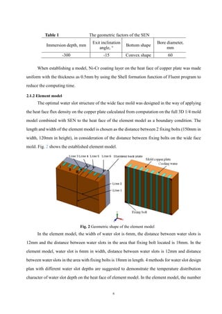 6
Table 1 The geometric factors of the SEN
Immersion depth, mm
Exit inclination
angle, °
Bottom shape
Bore diameter,
mm
-300 -15 Convex shape 60
When establishing a model, Ni-Cr coating layer on the heat face of copper plate was made
uniform with the thickness as 0.5mm by using the Shell formation function of Fluent program to
reduce the computing time.
2.1.2 Element model
The optimal water slot structure of the wide face mold was designed in the way of applying
the heat face flux density on the copper plate calculated from computation on the full 3D 1/4 mold
model combined with SEN to the heat face of the element model as a boundary condition. The
length and width of the element model is chosen as the distance between 2 fixing bolts (150mm in
width, 120mm in height), in consideration of the distance between fixing bolts on the wide face
mold. Fig. 2 shows the established element model.
Fig. 2 Geometric shape of the element model
In the element model, the width of water slot is 6mm, the distance between water slots is
12mm and the distance between water slots in the area that fixing bolt located is 18mm. In the
element model, water slot is 6mm in width, distance between water slots is 12mm and distance
between water slots in the area with fixing bolts is 18mm in length. 4 methods for water slot design
plan with different water slot depths are suggested to demonstrate the temperature distribution
character of water slot depth on the heat face of element model. In the element model, the number
 