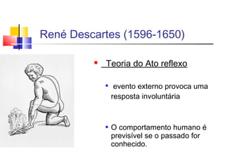  Teoria do Ato reflexo

evento externo provoca uma
resposta involuntária
 O comportamento humano é
previsível se o passado for
conhecido.
René Descartes (1596-1650)
 