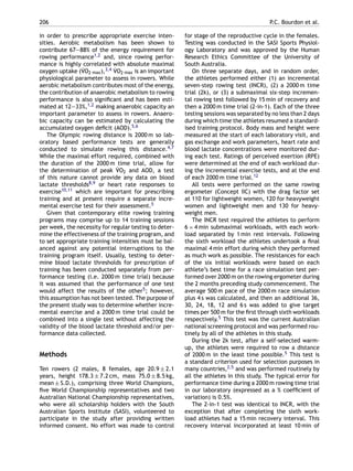 206 P.C. Bourdon et al.
in order to prescribe appropriate exercise inten-
sities. Aerobic metabolism has been shown to
contribute 67—88% of the energy requirement for
rowing performance1,2 and, since rowing perfor-
mance is highly correlated with absolute maximal
oxygen uptake (˙VO2 max),3,4 ˙VO2 max is an important
physiological parameter to assess in rowers. While
aerobic metabolism contributes most of the energy,
the contribution of anaerobic metabolism to rowing
performance is also signiﬁcant and has been esti-
mated at 12—33%,1,2 making anaerobic capacity an
important parameter to assess in rowers. Anaero-
bic capacity can be estimated by calculating the
accumulated oxygen deﬁcit (AOD).5,6
The Olympic rowing distance is 2000 m so lab-
oratory based performance tests are generally
conducted to simulate rowing this distance.4,7
While the maximal effort required, combined with
the duration of the 2000 m time trial, allow for
the determination of peak ˙VO2 and AOD, a test
of this nature cannot provide any data on blood
lactate thresholds8,9 or heart rate responses to
exercise10,11 which are important for prescribing
training and at present require a separate incre-
mental exercise test for their assessment.5
Given that contemporary elite rowing training
programs may comprise up to 14 training sessions
per week, the necessity for regular testing to deter-
mine the effectiveness of the training program, and
to set appropriate training intensities must be bal-
anced against any potential interruptions to the
training program itself. Usually, testing to deter-
mine blood lactate thresholds for prescription of
training has been conducted separately from per-
formance testing (i.e. 2000 m time trial) because
it was assumed that the performance of one test
would affect the results of the other5; however,
this assumption has not been tested. The purpose of
the present study was to determine whether incre-
mental exercise and a 2000 m time trial could be
combined into a single test without affecting the
validity of the blood lactate threshold and/or per-
formance data collected.
Methods
Ten rowers (2 males, 8 females, age 20.9 ± 2.1
years, height 178.3 ± 7.2 cm, mass 75.0 ± 8.5 kg,
mean ± S.D.), comprising three World Champions,
ﬁve World Championship representatives and two
Australian National Championship representatives,
who were all scholarship holders with the South
Australian Sports Institute (SASI), volunteered to
participate in the study after providing written
informed consent. No effort was made to control
for stage of the reproductive cycle in the females.
Testing was conducted in the SASI Sports Physiol-
ogy Laboratory and was approved by the Human
Research Ethics Committee of the University of
South Australia.
On three separate days, and in random order,
the athletes performed either (1) an incremental
seven-step rowing test (INCR), (2) a 2000 m time
trial (2k), or (3) a submaximal six-step incremen-
tal rowing test followed by 15 min of recovery and
then a 2000 m time trial (2-in-1). Each of the three
testing sessions was separated by no less than 2 days
during which time the athletes resumed a standard-
ised training protocol. Body mass and height were
measured at the start of each laboratory visit, and
gas exchange and work parameters, heart rate and
blood lactate concentrations were monitored dur-
ing each test. Ratings of perceived exertion (RPE)
were determined at the end of each workload dur-
ing the incremental exercise tests, and at the end
of each 2000 m time trial.12
All tests were performed on the same rowing
ergometer (Concept IIC) with the drag factor set
at 110 for lightweight women, 120 for heavyweight
women and lightweight men and 130 for heavy-
weight men.
The INCR test required the athletes to perform
6 × 4 min submaximal workloads, with each work-
load separated by 1 min rest intervals. Following
the sixth workload the athletes undertook a ﬁnal
maximal 4 min effort during which they performed
as much work as possible. The resistances for each
of the six initial workloads were based on each
athlete’s best time for a race simulation test per-
formed over 2000 m on the rowing ergometer during
the 2 months preceding study commencement. The
average 500 m pace of the 2000 m race simulation
plus 4 s was calculated, and then an additional 36,
30, 24, 18, 12 and 6 s was added to give target
times per 500 m for the ﬁrst through sixth workloads
respectively.5 This test was the current Australian
national screening protocol and was performed rou-
tinely by all of the athletes in this study.
During the 2k test, after a self-selected warm-
up, the athletes were required to row a distance
of 2000 m in the least time possible.5 This test is
a standard criterion used for selection purposes in
many countries,2,5 and was performed routinely by
all the athletes in this study. The typical error for
performance time during a 2000 m rowing time trial
in our laboratory (expressed as a % coefﬁcient of
variation) is 0.5%.
The 2-in-1 test was identical to INCR, with the
exception that after completing the sixth work-
load athletes had a 15 min recovery interval. This
recovery interval incorporated at least 10 min of
 