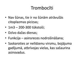 Trombocīti
• Nav šūnas, tie ir no šūnām atrāvušās
  citoplazmas piciņas;
• 1m3 – 200-300 tūkstoši;
• Dzīvo dažas dienas;
• Funkcija – asinsreces nodrošināšana;
• Saskaroties ar nelīdzenu virsmu, bojājuma
  gadījumā, atbrīvojas vielas, kas sašaurina
  asinsvadus.
 