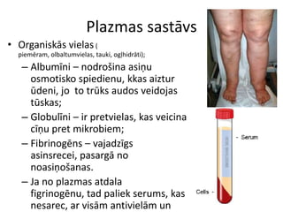 Plazmas sastāvs
• Organiskās vielas (
  piemēram, olbaltumvielas, tauki, ogļhidrāti);
   – Albumīni – nodrošina asiņu
     osmotisko spiedienu, kkas aiztur
     ūdeni, jo to trūks audos veidojas
     tūskas;
   – Globulīni – ir pretvielas, kas veicina
     cīņu pret mikrobiem;
   – Fibrinogēns – vajadzīgs
     asinsrecei, pasargā no
     noasiņošanas.
   – Ja no plazmas atdala
     figrinogēnu, tad paliek serums, kas
     nesarec, ar visām antivielām un
 