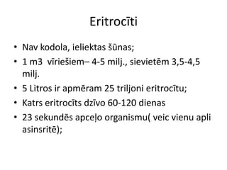 Eritrocīti
• Nav kodola, ieliektas šūnas;
• 1 m3 vīriešiem– 4-5 milj., sievietēm 3,5-4,5
  milj.
• 5 Litros ir apmēram 25 triljoni eritrocītu;
• Katrs eritrocīts dzīvo 60-120 dienas
• 23 sekundēs apceļo organismu( veic vienu apli
  asinsritē);
 
