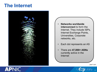 The Internet
11
• Networks worldwide
interconnect to form the
Internet. They include ISPs,
Internet Exchange Points,
Universities, Corporate
networks, etc.
• Each dot represents an AS
• There are 47,000+ ASNs
currently active in the
Internet
peer1.com
 