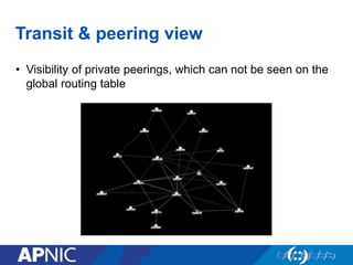 Transit & peering view
• Visibility of private peerings, which can not be seen on the
global routing table
 