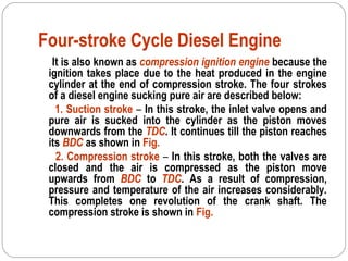 Four-stroke Cycle Diesel Engine
It is also known as compression ignition engine because the
ignition takes place due to the heat produced in the engine
cylinder at the end of compression stroke. The four strokes
of a diesel engine sucking pure air are described below:
1. Suction stroke – In this stroke, the inlet valve opens and
pure air is sucked into the cylinder as the piston moves
downwards from the TDC. It continues till the piston reaches
its BDC as shown in Fig.
2. Compression stroke – In this stroke, both the valves are
closed and the air is compressed as the piston move
upwards from BDC to TDC. As a result of compression,
pressure and temperature of the air increases considerably.
This completes one revolution of the crank shaft. The
compression stroke is shown in Fig.
 
