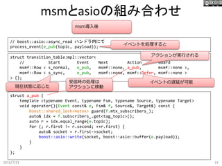 msmとasioの組み合わせ
2016/7/23 19
struct transition_table:mpl::vector<
// Start Event Next Action Guard
msmf::Row < s_normal, e_pub, msmf::none, a_pub, msmf::none >,
msmf::Row < s_sync, e_pub, msmf::none, msmf::Defer, msmf::none >
> {};
struct a_pub {
template <typename Event, typename Fsm, typename Source, typename Target>
void operator()(Event const& e, Fsm& f, Source&, Target&) const {
boost::shared_lock<mutex> guard(f.mtx_subscribers_);
auto& idx = f.subscribers_.get<tag_topic>();
auto r = idx.equal_range(e.topic);
for (; r.first != r.second; ++r.first) {
auto& socket = r.first->socket;
boost::asio::write(socket, boost::asio::buffer(e.payload));
}
}
};
// boost::asio::async_read ハンドラ内にて
process_event(e_pub(topic, payload));
msm導入後
受信時の処理は
アクションに移動
イベントの遅延が可能
イベントを処理すると
現在状態に応じた
アクションが実行される
 