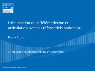 Urbanisation de la Télémédecine et
articulation avec les référentiels nationaux

Bruno Grossin



1ère journée Télémédecine du 1er décembre
 