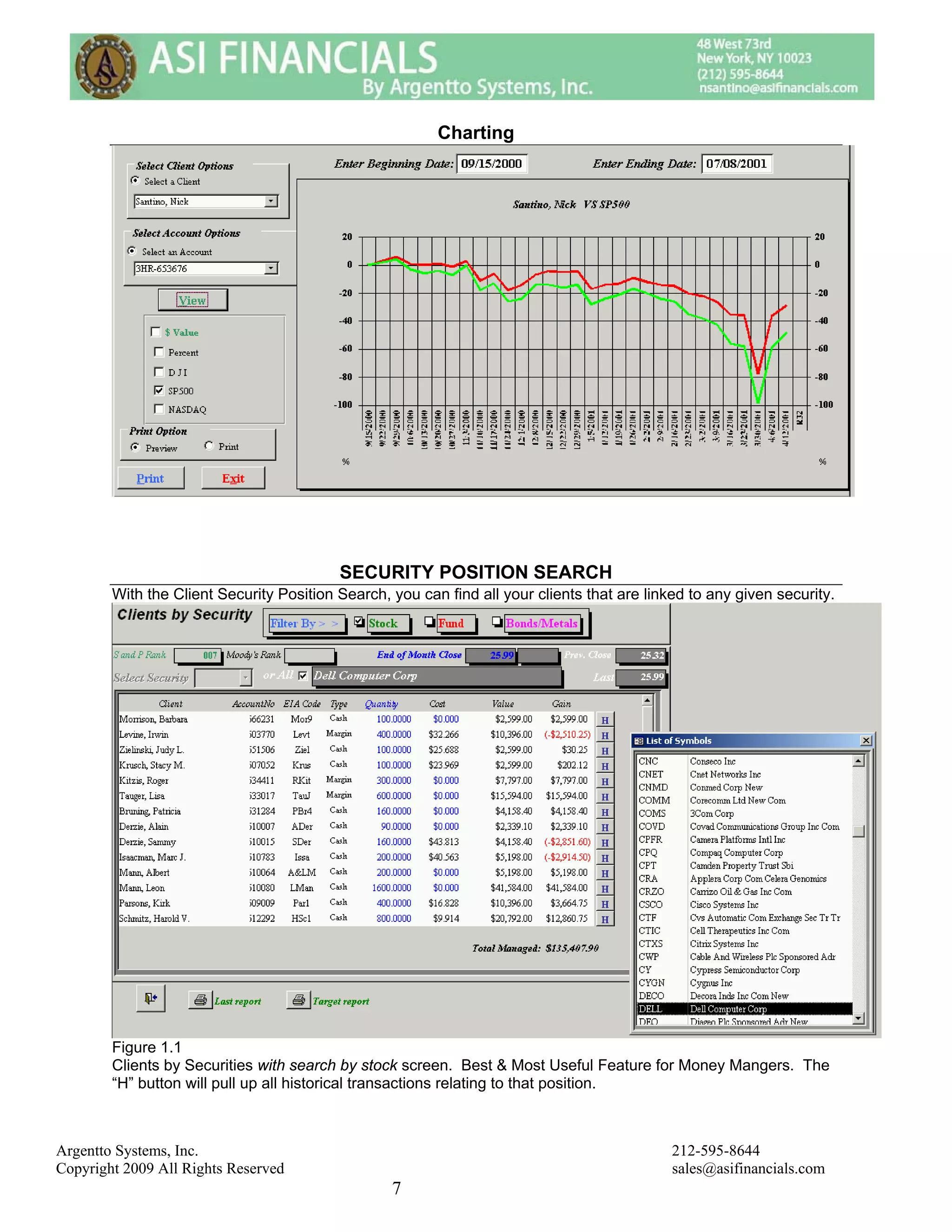 Charting




                                          SECURITY POSITION SEARCH
        With the Client Security Position Search, you can find all your clients that are linked to any given security.




        Figure 1.1
        Clients by Securities with search by stock screen. Best & Most Useful Feature for Money Mangers. The
        “H” button will pull up all historical transactions relating to that position.



Argentto Systems, Inc.                                                                       212-595-8644
Copyright 2009 All Rights Reserved                                                           sales@asifinancials.com
                                                  7
 